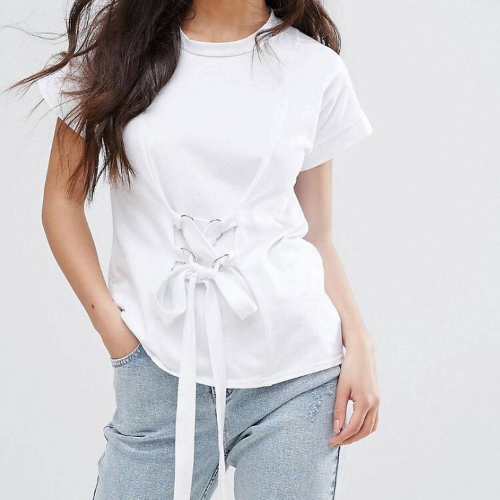 (Boohoo) Corset white T-shirt, Lace-up waist